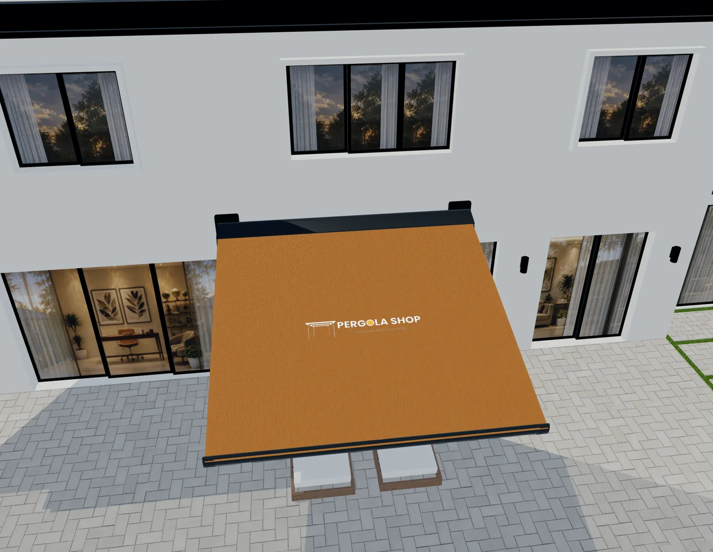 Orangefarbenes Markisentuch mit Pergola-Shop-Logo in einer 3D-Produktansicht.