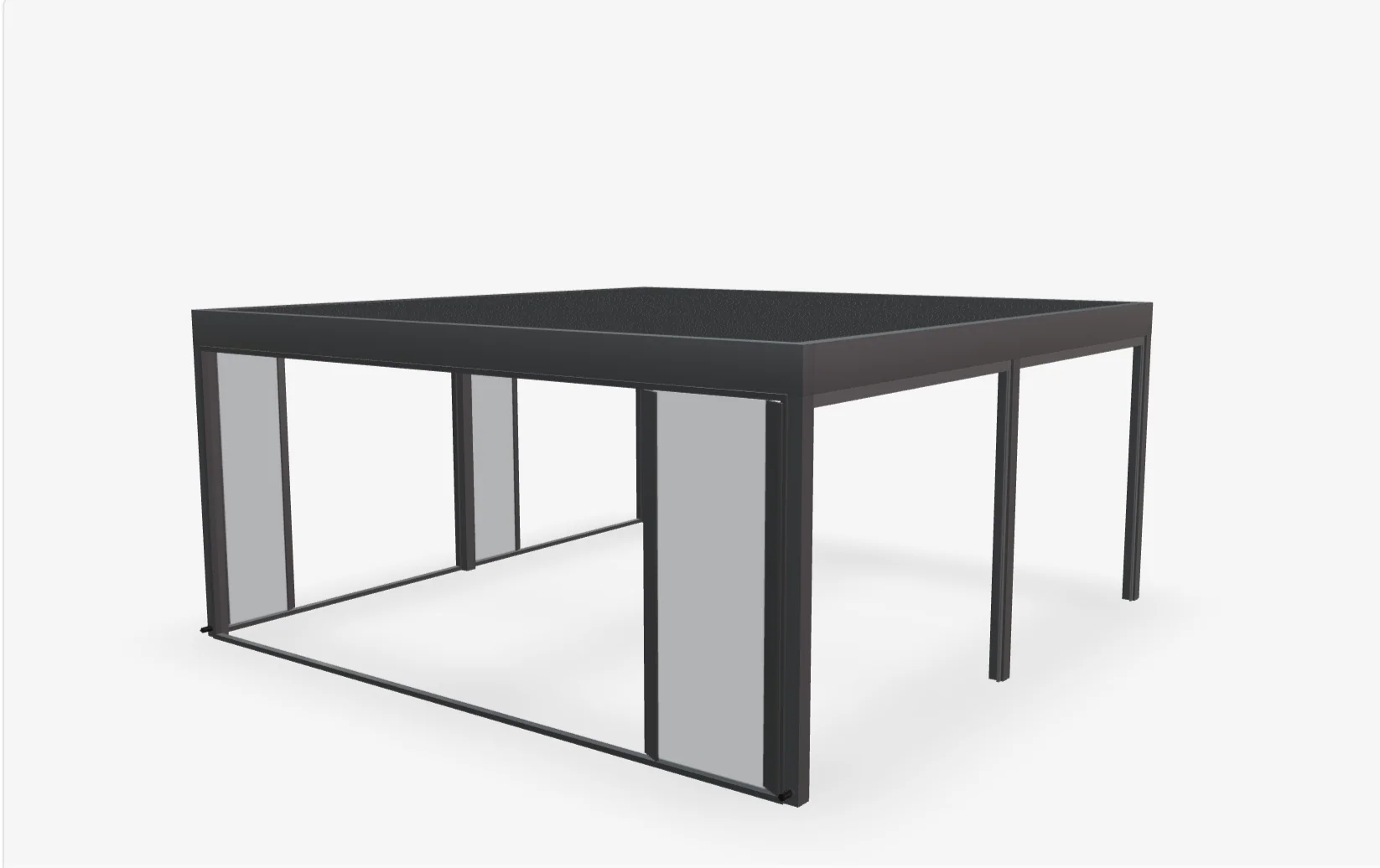 Anthracite pergola with sliding glass panels shown on a neutral background inside a 3D configurator