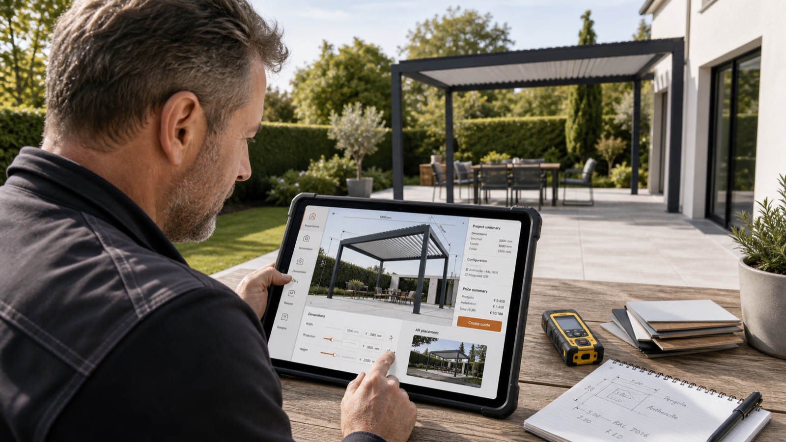 Pergola specialist checking model dimensions, live USD pricing and quote controls in a 3D configurator