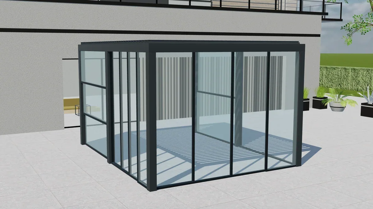 Lamellenpergola mit Glasscheiben von Tenteks Italia in einer 3D-Ansicht