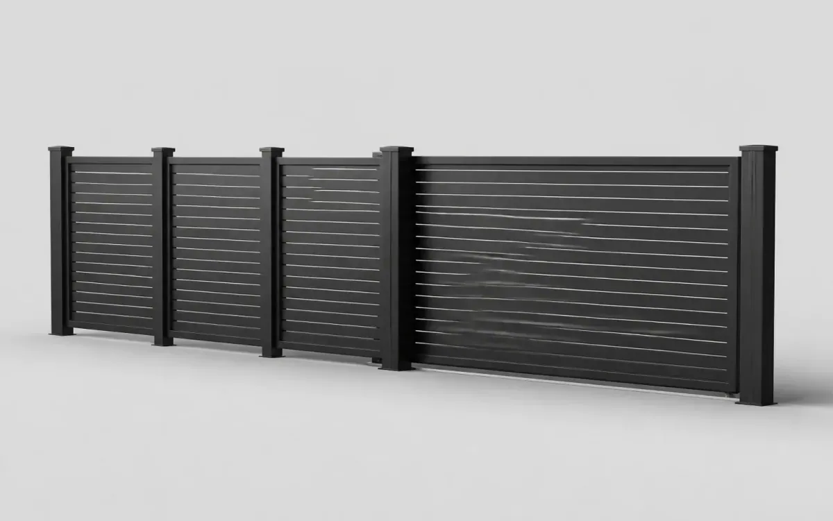 Dunkles Horizontal-Lamellentor mit passenden Zaunelementen in der 3D-Produktansicht