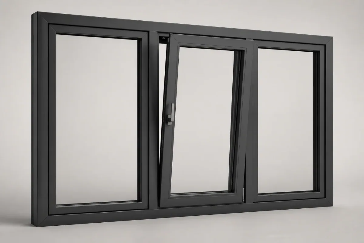 Dreiflügeliges Fenster mit dunklem Rahmen und zentral öffnendem Flügel