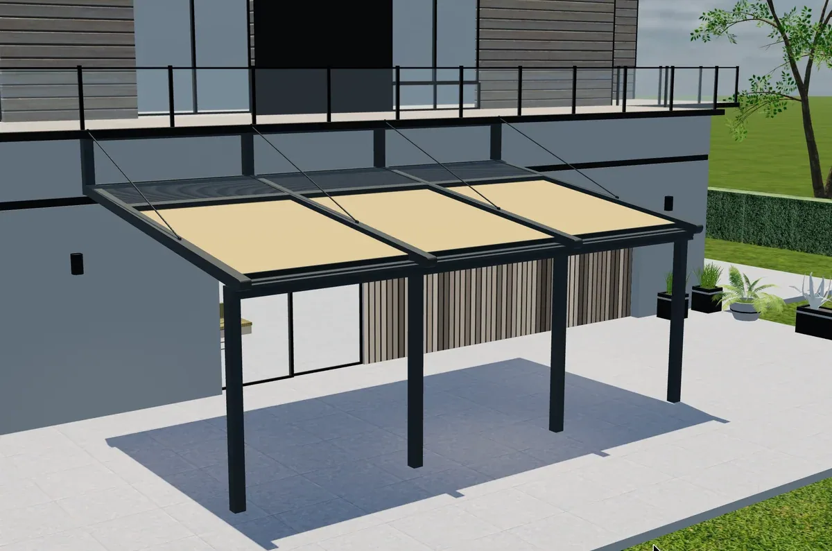 Wandmontierte Pergola von Tenteks Italia mit Stoffdach in einer 3D-Ansicht