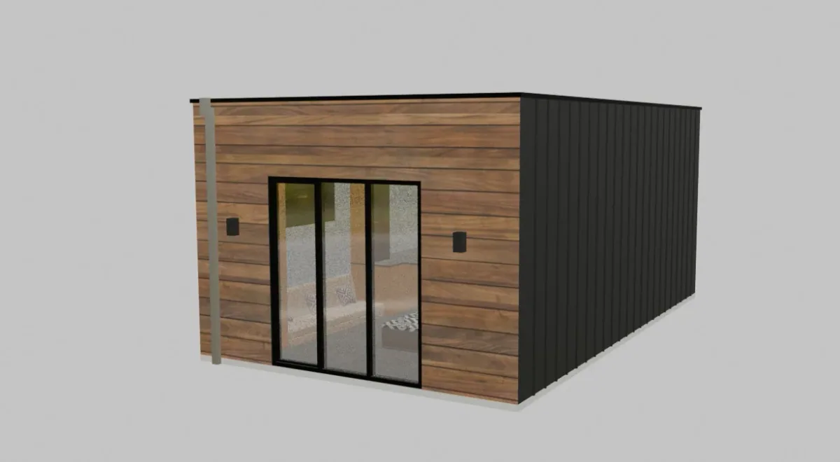 Modulares Haus von außen mit raumhohen Glaspaneelen