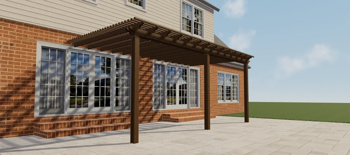 Seitenansicht einer braunen Elite-Aluminium-Pergola mit offenem Lamellendach
