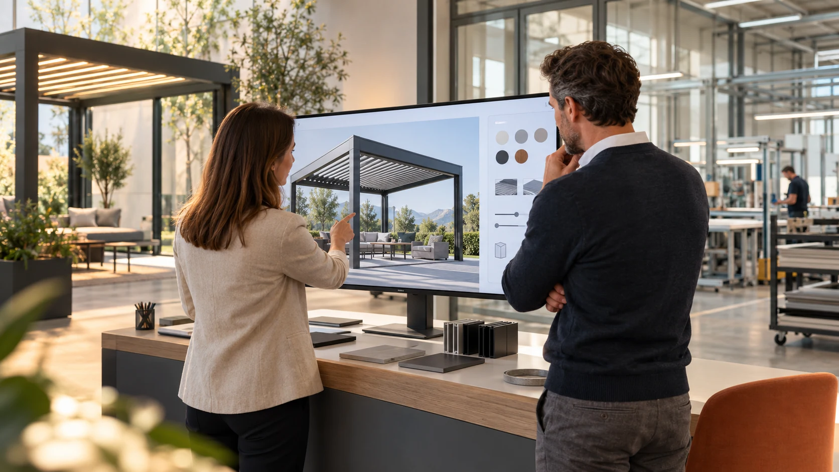 Zwei Fachleute prüfen in einem modernen deutschen Ausstellungsraum eine Pergola im 3D-Produktkonfigurator von Configurix.
