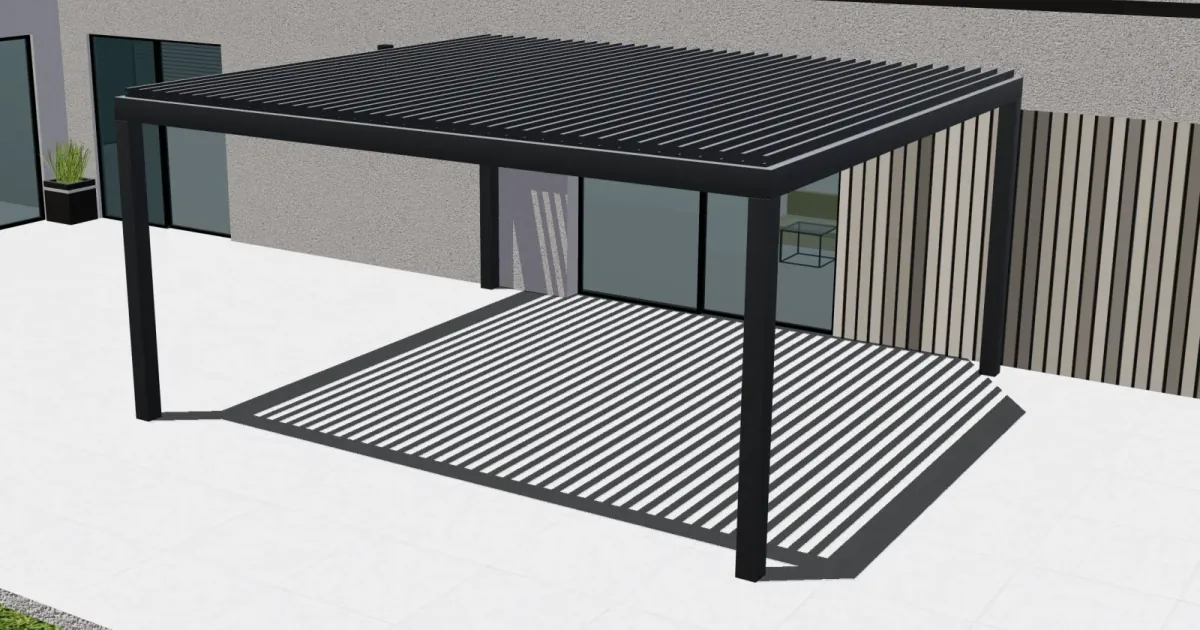 3D-Ansicht einer Configurix-Pergola mit anthrazitfarbenem Rahmen und geöffneten Dachlamellen.