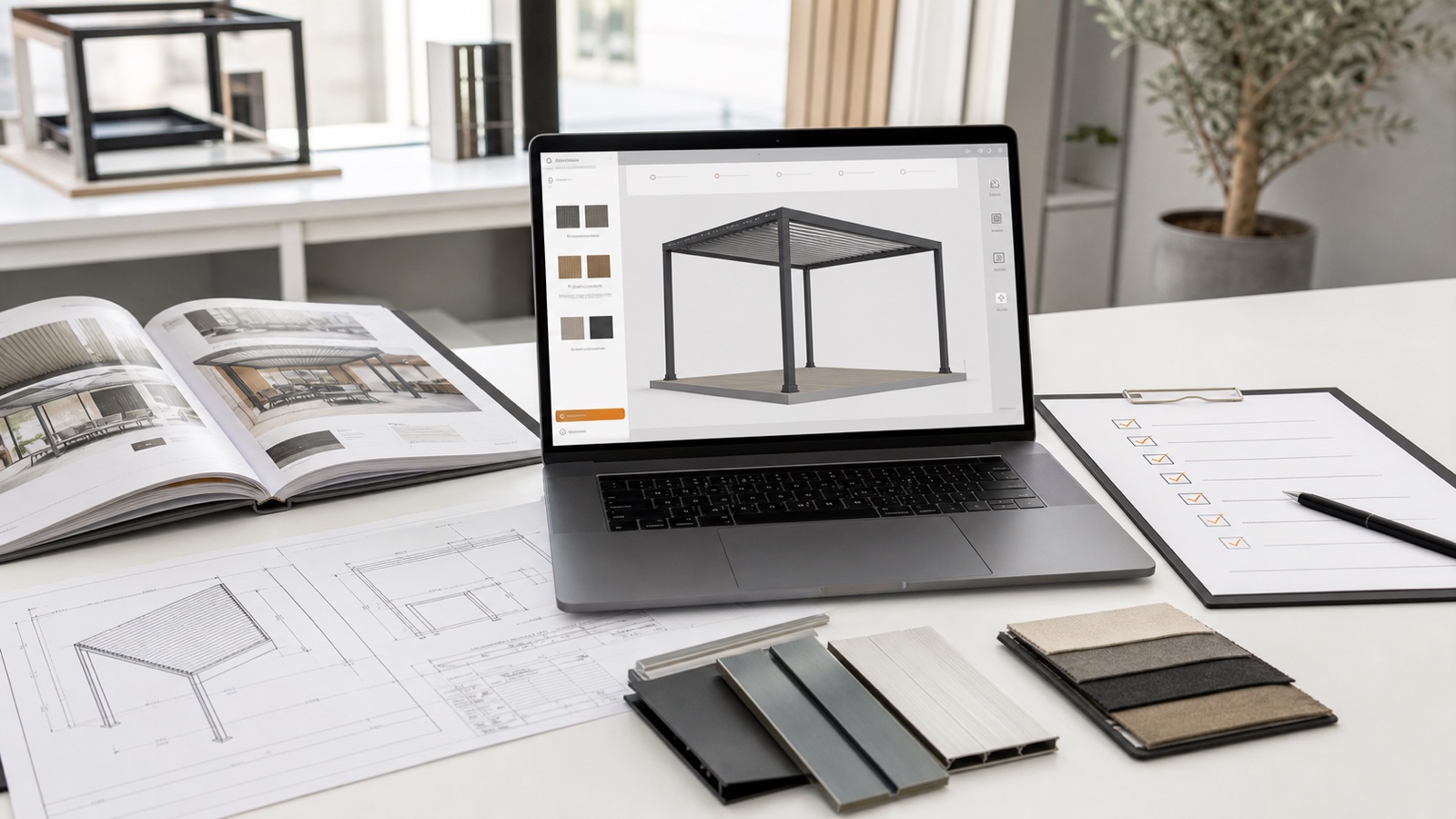 Product configurator discovery workspace with a pergola preview, product drawings, material samples and a requirements checklist