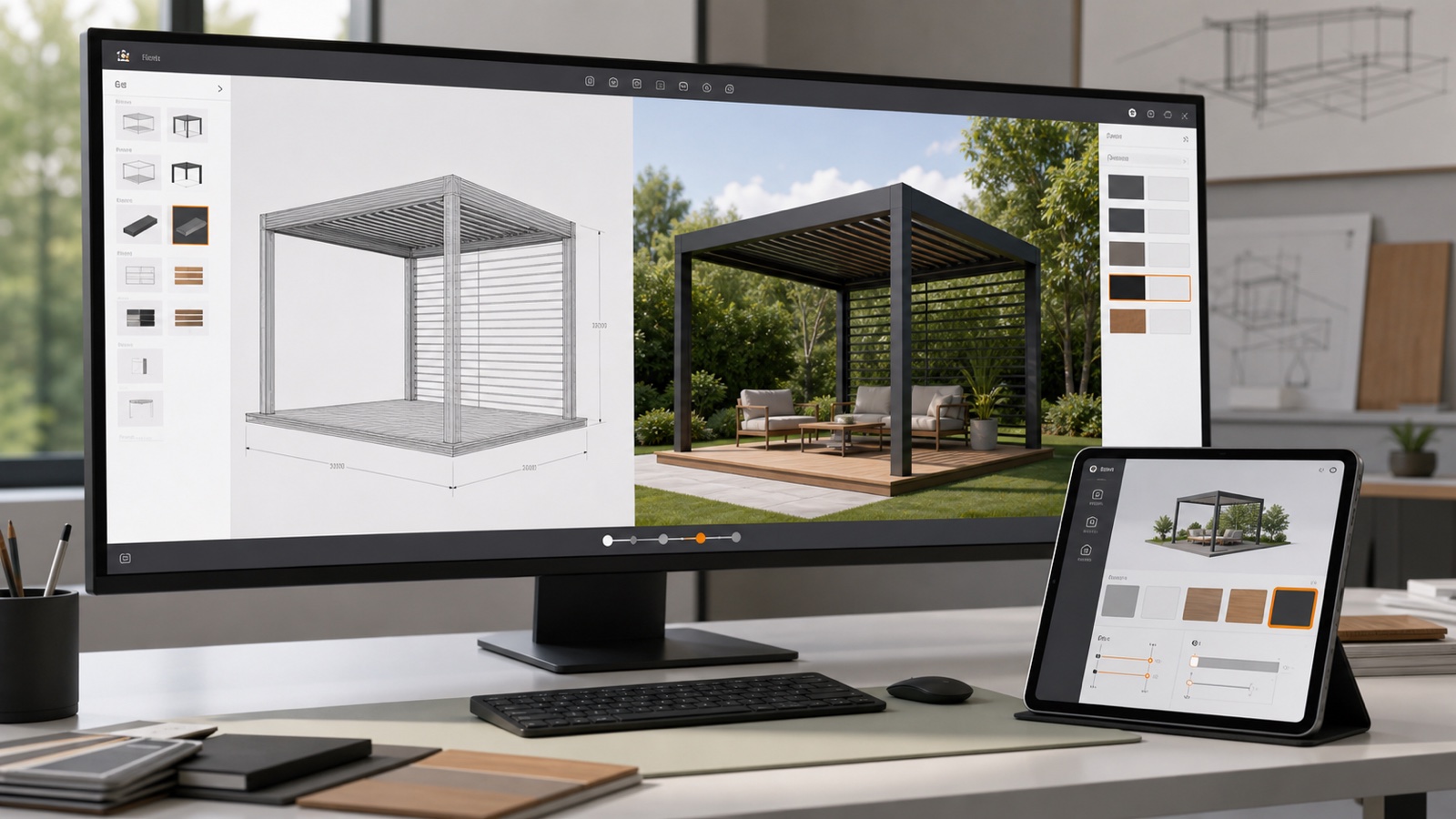 Three-dimensional product asset moving from wireframe geometry to a finished web configurator interface