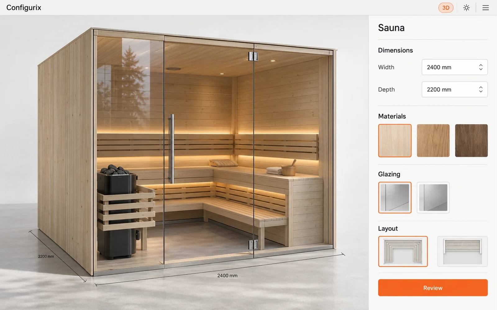 Illustration eines Sauna-Konfigurators mit verglaster Holzkabine, Maßeingaben und Materialauswahl