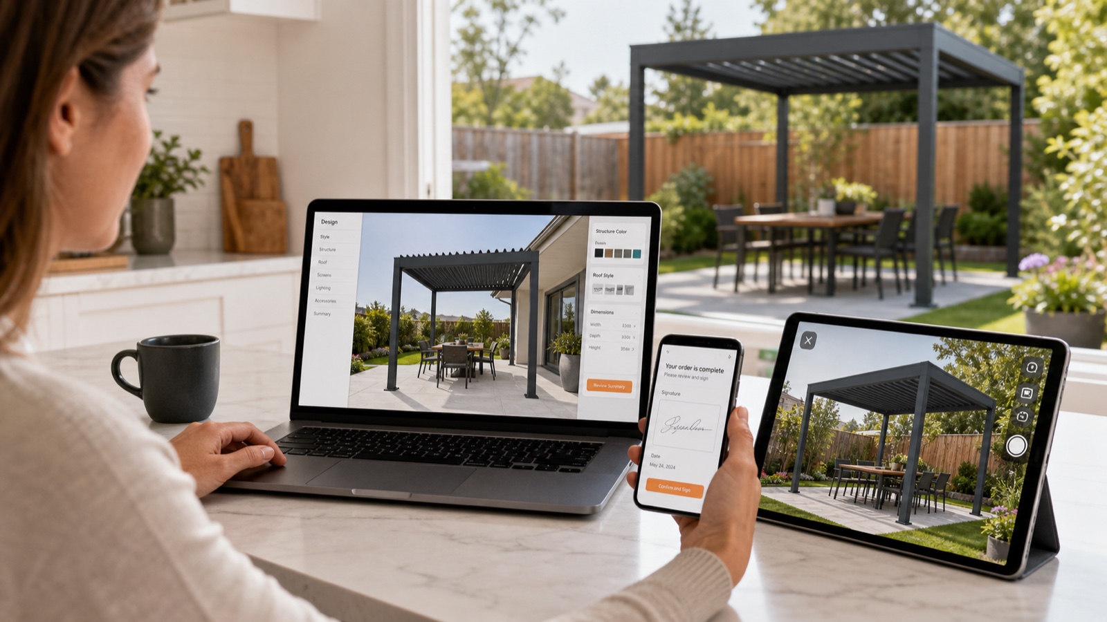 Accepted pergola configuration connected to a USD quote and secure deposit payment workflow