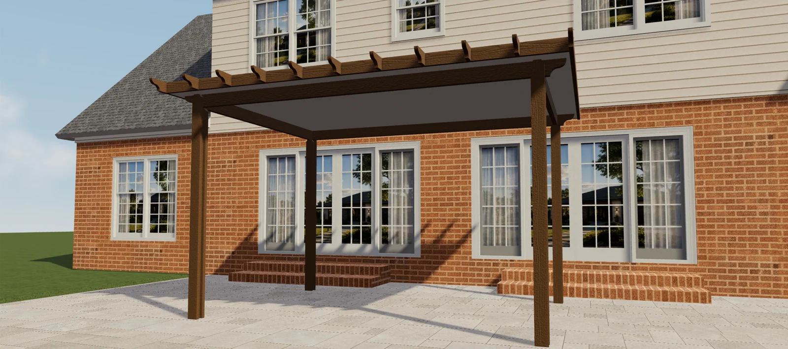 Braune überdachte Pergola von Elite Aluminum vor einem Backsteinhaus in einer Configurix-Produktansicht