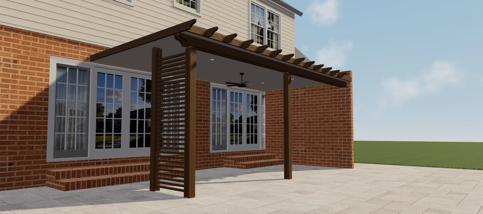3D-Vorschau einer braunen Pergola mit geschlossenem Dach, seitlicher Lamellenwand, Deckenventilator und Einbauleuchten.