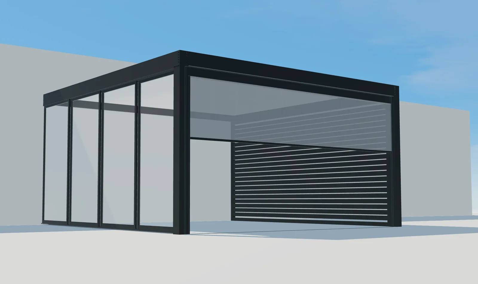 3D-Ansicht einer dunklen Pergola Plus mit seitlicher Verglasung und teilweise abgesenktem Frontscreen.