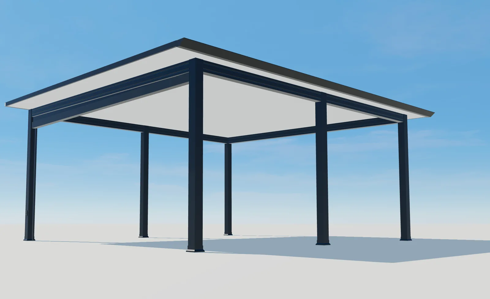 3D-Ansicht einer freistehenden Pergola Plus mit dunklen Pfosten und hellem geschlossenem Dach.