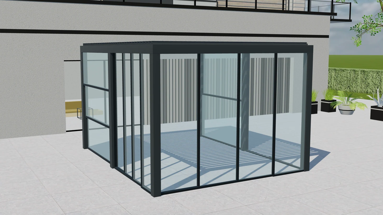 Lamellenpergola von Tenteks Italia mit Glasschiebeelementen in einer Configurix-3D-Ansicht