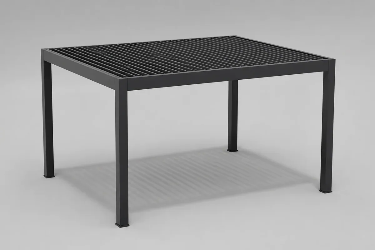 Illustrative anthrazitfarbene Pergola mit Lamellendach in einer neutralen 3D-Konfiguratoransicht.