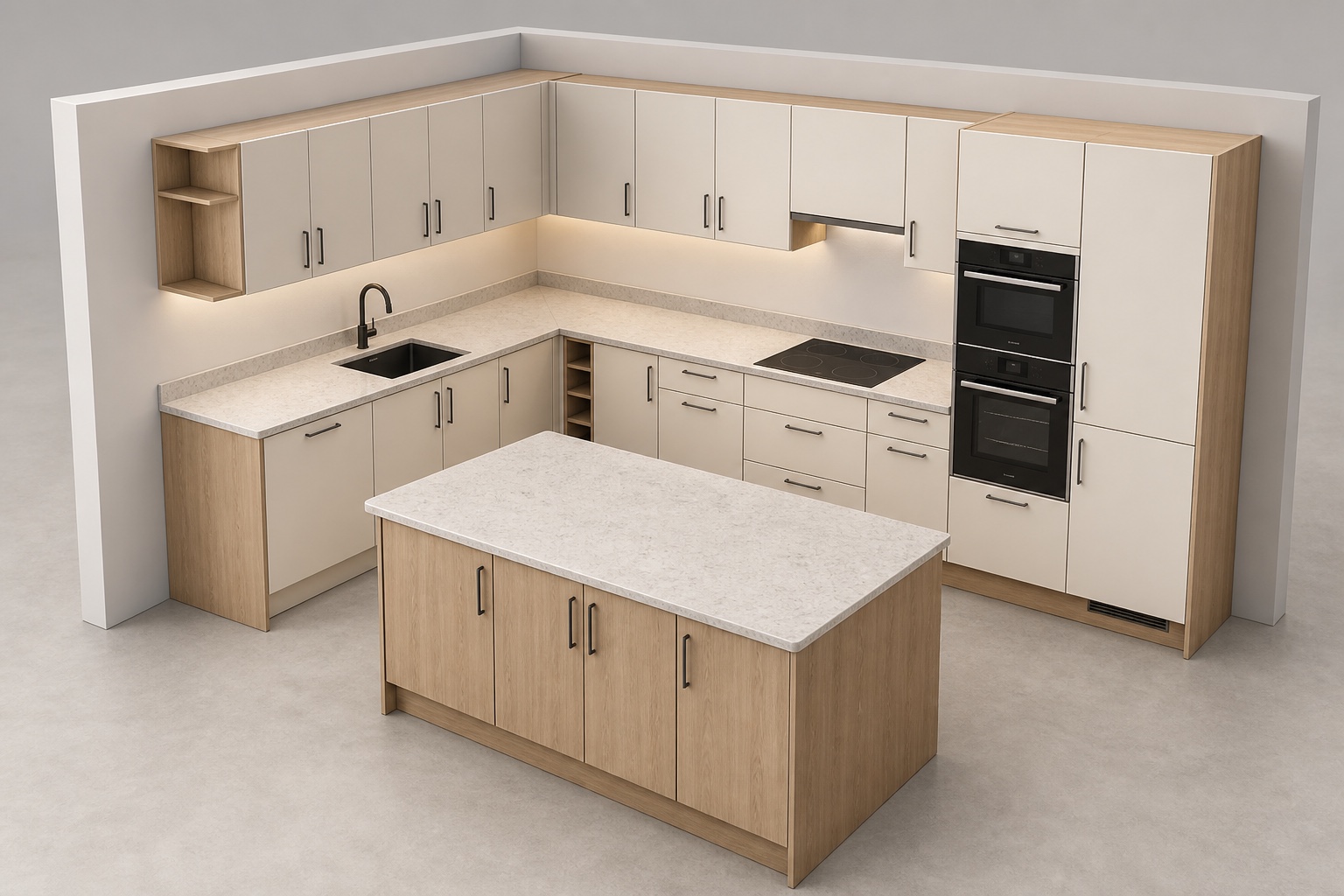 Warm-white and oak fitted kitchen with island in a professional real-time 3D configurator studio