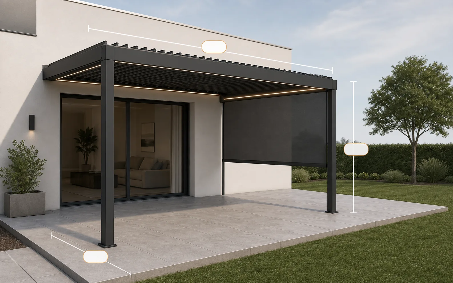 Wall-mounted louvered pergola with screen, lighting and dimension guides in a 3D configurator viewport