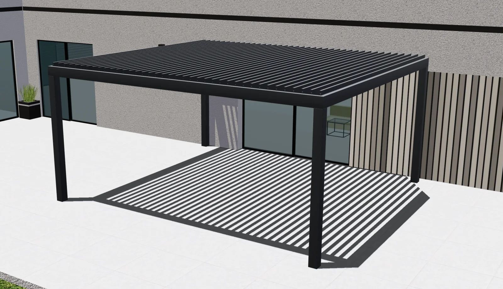 Configurix-3D-Ansicht einer bioklimatischen Pergola mit offenen Aluminiumlamellen
