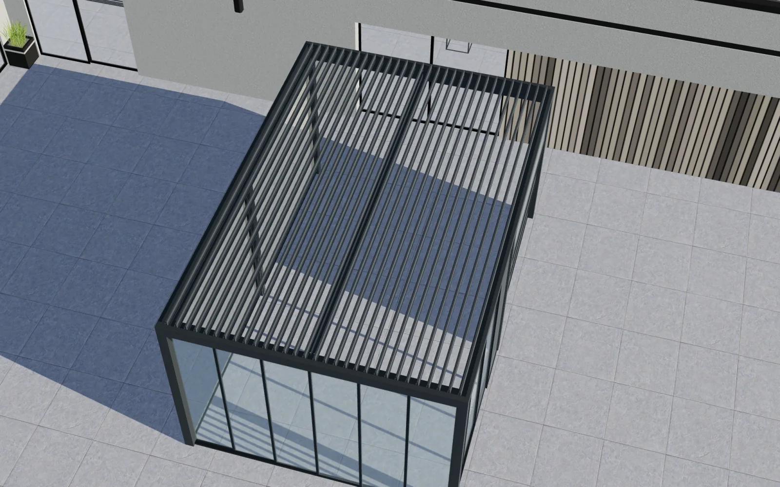 Draufsicht offener Dachlamellen im bioklimatischen Pergola-Konfigurator von Configurix