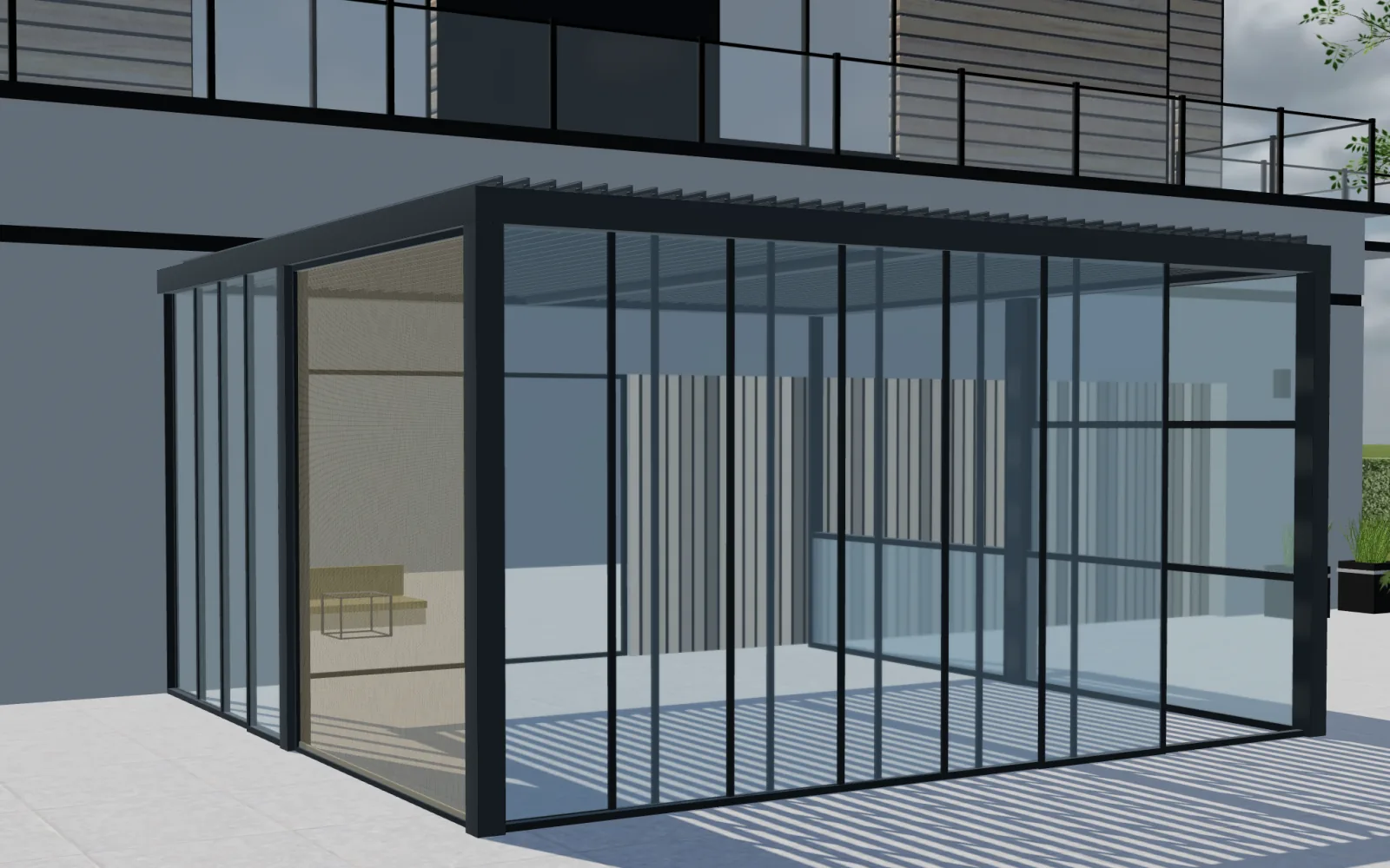 Lamellenpergola mit Glasschiebeelementen in der 3D-Ansicht von Configurix