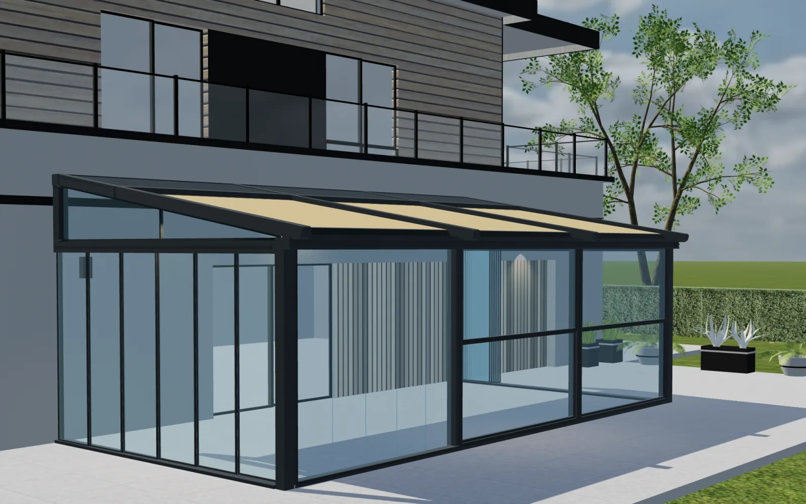 Configurix-3D-Produktansicht einer angebauten anthrazitfarbenen Pergola mit Glaselementen und teilweise ausgefahrenem Stoffdach