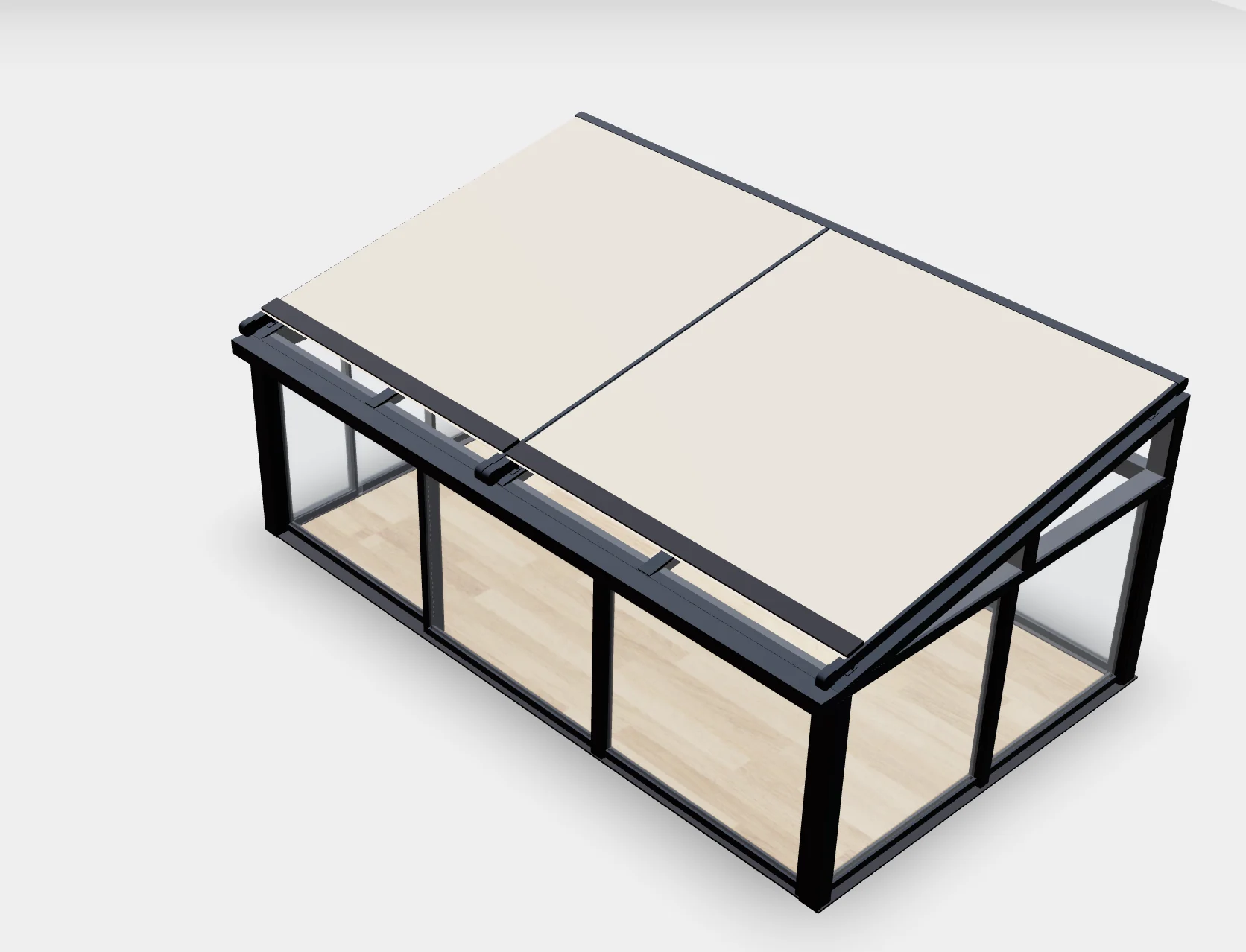 3D-Konfiguratoransicht einer maßgefertigten Veranda mit gerahmten Dachfeldern und Glasschiebewänden.