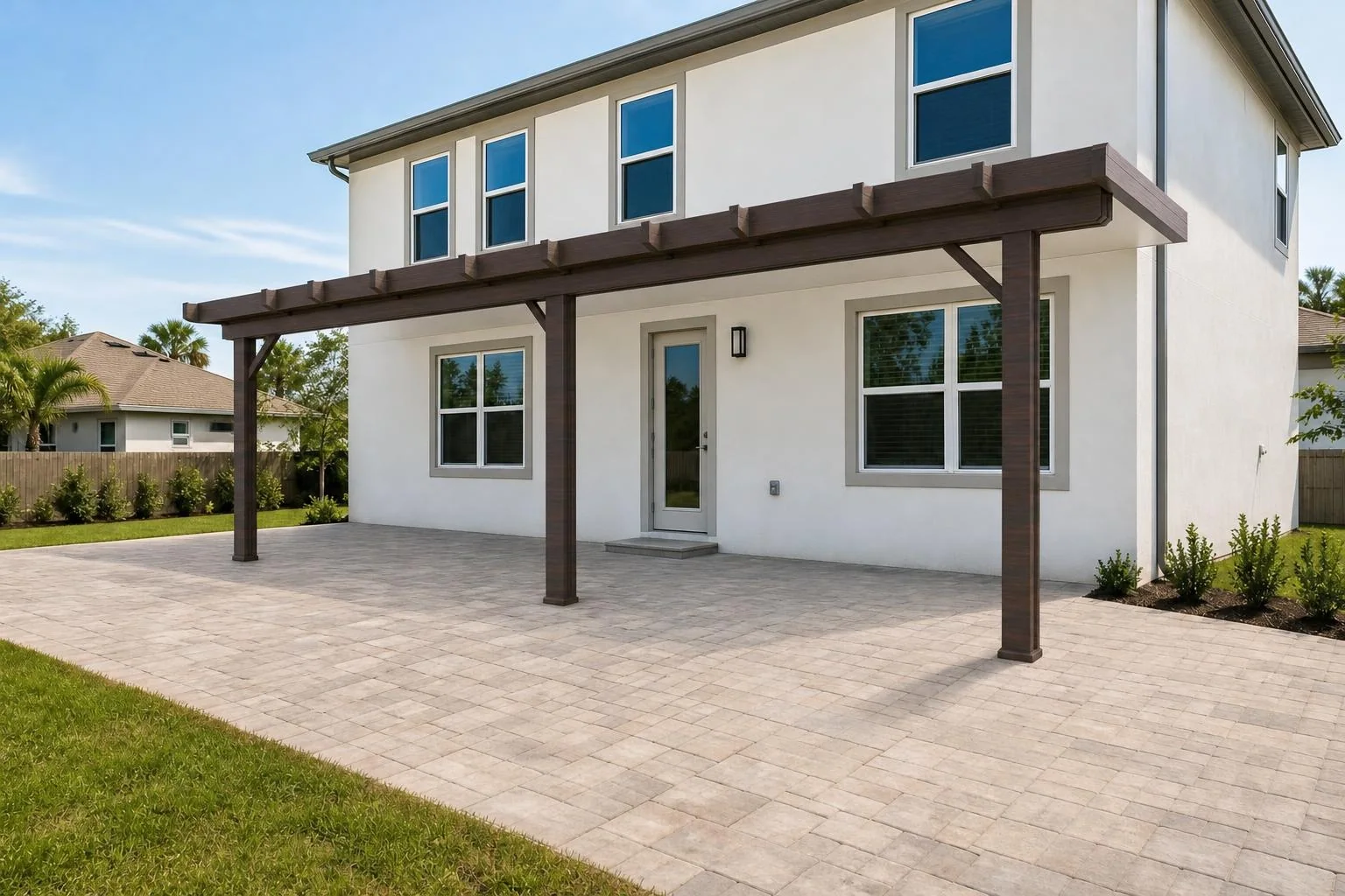 Dark timber wall-mounted pergola visualized across the rear terrace of a white house